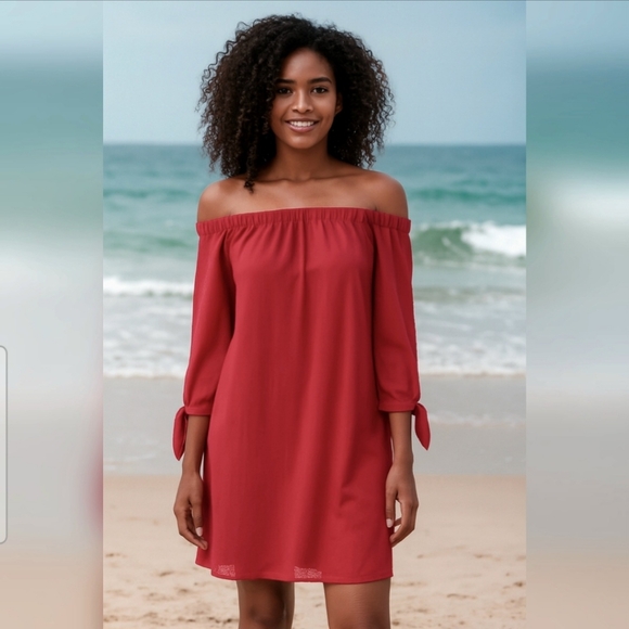 BCX Wmns Y2K Solid Red Sheer 3/4 Bowtie Sleeve Cold Shoulder Shift Dress SzM NWT - Picture 1 of 12